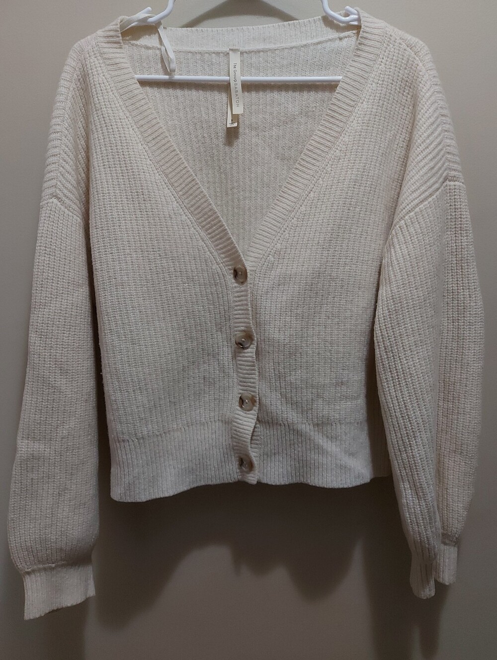 Babaton Wool Cream Button-Front V-Neck Cropped Cardigan